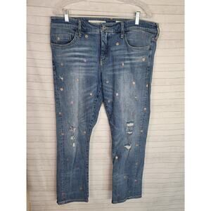 PILCRO POLKA DOT METALLIC HYPHEN STRAIGHT LEG JEANS, SZ 31